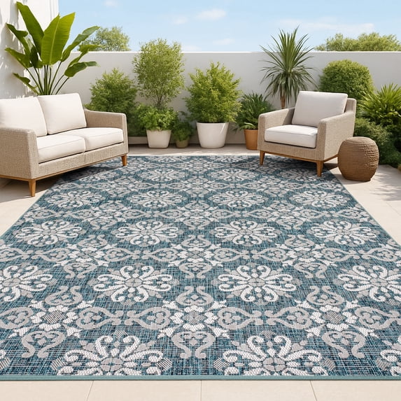 JONATHAN Y TUSCAN SUN 3 x 5 Area Rug, Amora Traditional Mediterranean Tile Design - Turquoise/Cream, TSN206E-3