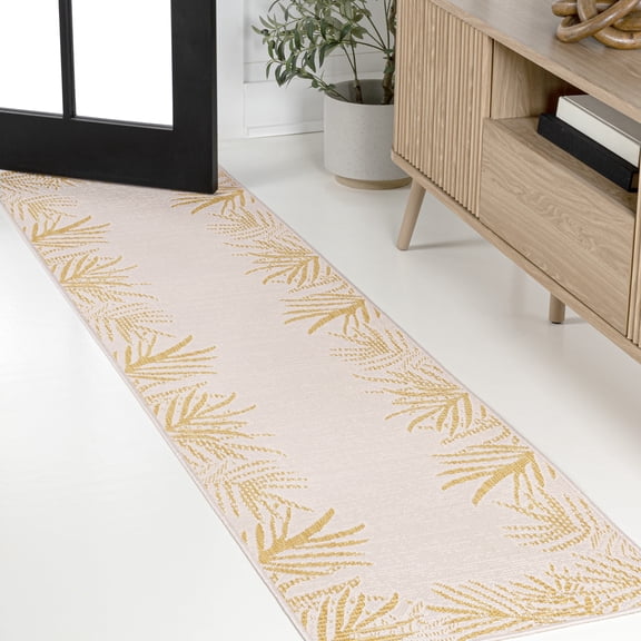 JONATHAN Y TUSCAN SUN 2 x 8 Runner Rug, Isla Coastal Cottage Palm Frond Border - Yellow/Cream, TSN207A-28