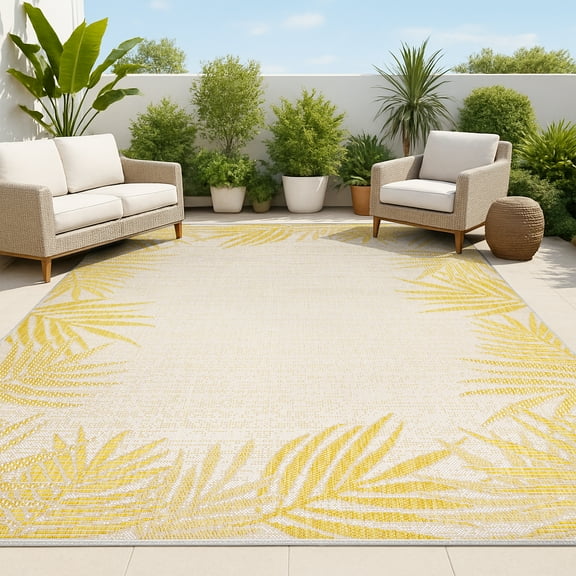 JONATHAN Y TUSCAN SUN 4 x 6 Area Rug, Isla Coastal Cottage Palm Frond Border - Yellow/Cream, TSN207A-4