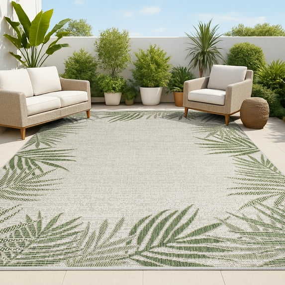 JONATHAN Y TUSCAN SUN 5 x 8 Area Rug, Isla Coastal Cottage Palm Frond Border - Green/Cream, TSN207B-5