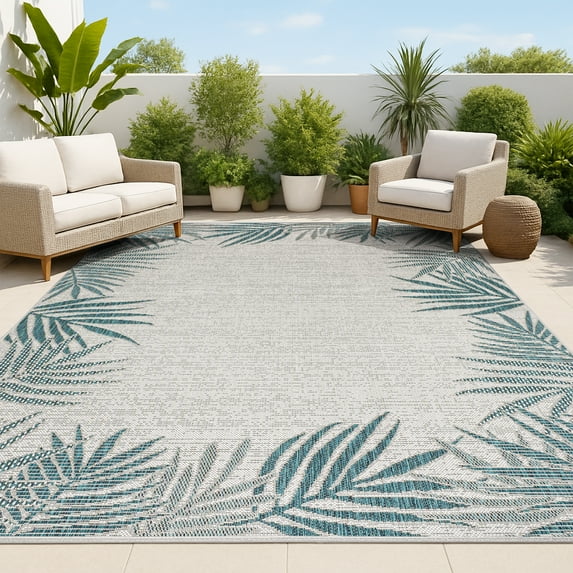 JONATHAN Y TUSCAN SUN 3 x 5 Area Rug, Isla Coastal Cottage Palm Frond Border - Blue/Cream, TSN207C-3