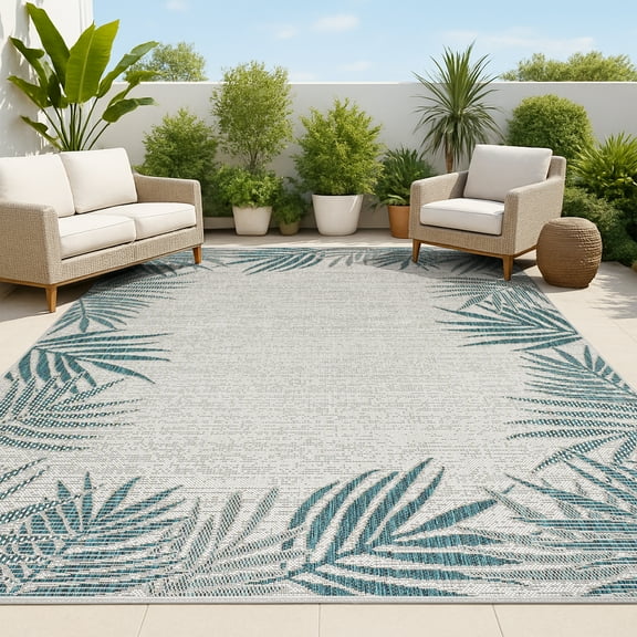 JONATHAN Y TUSCAN SUN 4 x 6 Area Rug, Isla Coastal Cottage Palm Frond Border - Blue/Cream, TSN207C-4