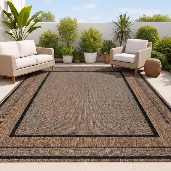 JONATHAN Y TSN208C-5 Beckett Classic Casual Border Stripe Brown/Dark Gray 5 ft. x 8 ft. Indoor/Outdoor Area Rug