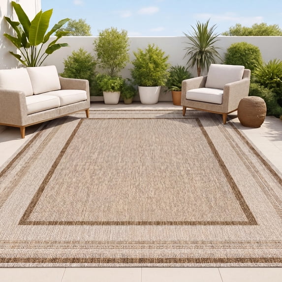 JONATHAN Y TSN208D-4 Beckett Classic Casual Border Stripe Cream/Brown 4 ft. x 6 ft. Indoor/Outdoor Area Rug