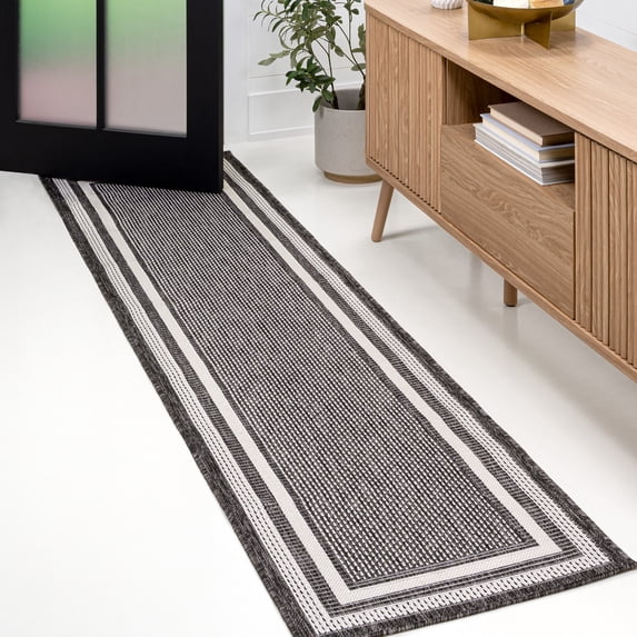 JONATHAN Y TSN209D-28 Dover Classic 3-Stripe Border Dark Gray/Ivory 2 ft. x 8 ft. Indoor/Outdoor Runner Rug
