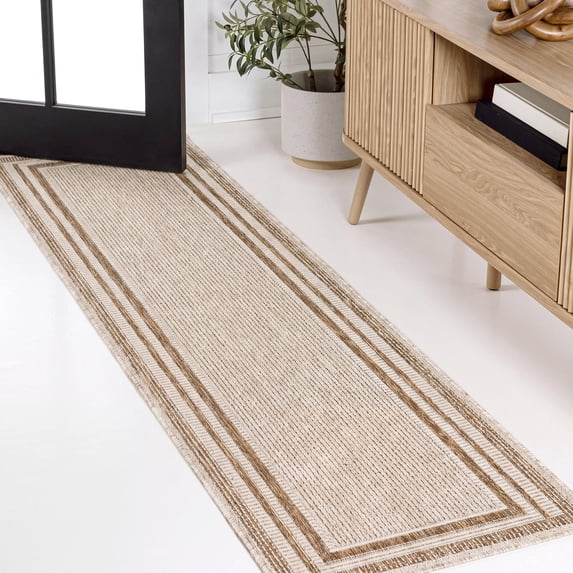 JONATHAN Y TSN209F-28 Dover Classic 3-Stripe Border Cream/Brown 2 ft. x 8 ft. Indoor/Outdoor Runner Rug