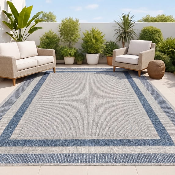 JONATHAN Y TSN209G-8 Dover Classic 3-Stripe Border Light Gray/Navy 8 ft. x 10 ft. Indoor/Outdoor Area Rug