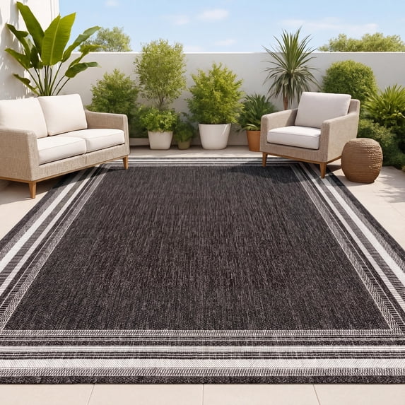 JONATHAN Y TSN210B-3 Lido Traditional Casual Pinstripe Border Dark Gray/Ivory 3 ft. x 5 ft. Indoor/Outdoor Area Rug