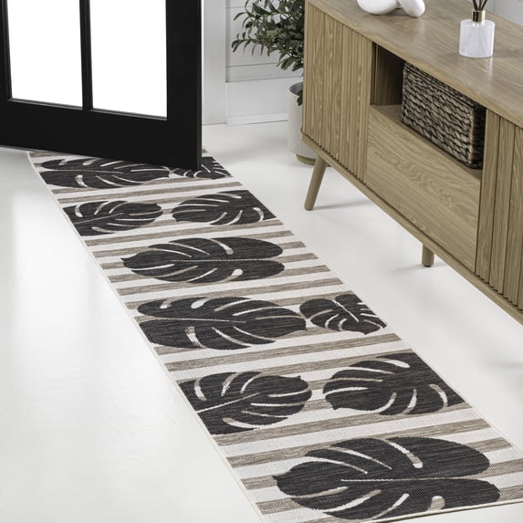 JONATHAN Y TUSCAN SUN 2 x 8 Runner Rug, Allison Beach Stripe and Monstera Leaf - Black/Beige, TSN400A-28
