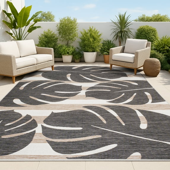 JONATHAN Y TUSCAN SUN 5 x 8 Area Rug, Allison Beach Stripe and Monstera Leaf - Black/Beige, TSN400A-5
