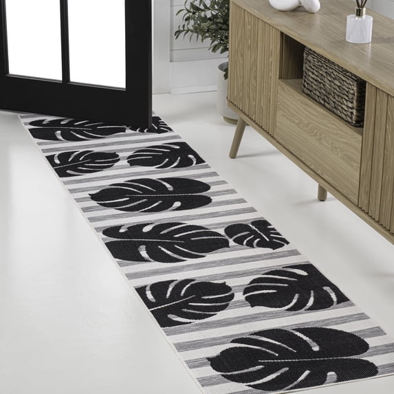 JONATHAN Y TUSCAN SUN 2 x 8 Runner Rug, Allison Beach Stripe and Monstera Leaf - Black/Gray, TSN400B-28