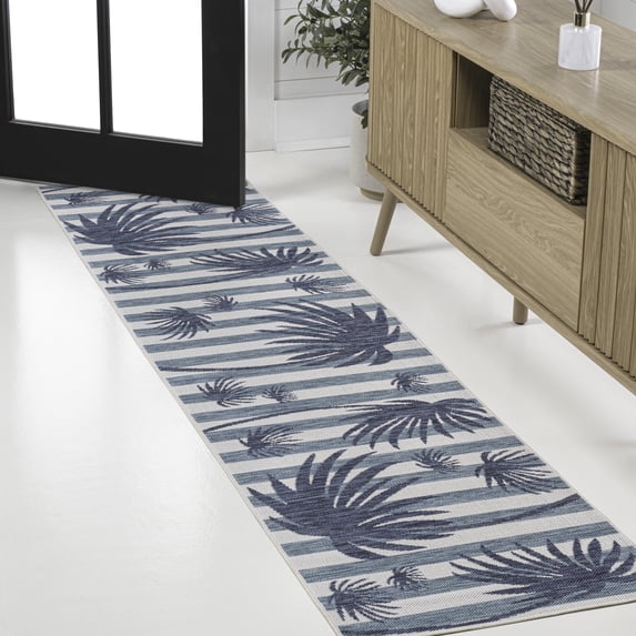 JONATHAN Y TUSCAN SUN 2 x 8 Runner Rug, Veronica Beach Stripe and Palm Leaf - Navy/Cream, TSN402B-28