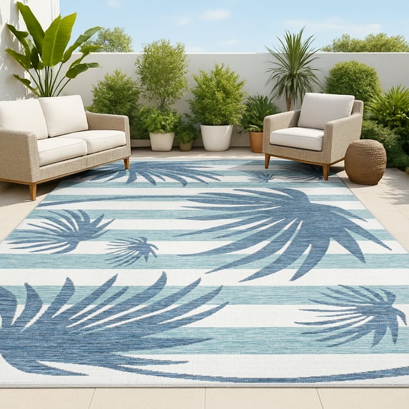 JONATHAN Y TUSCAN SUN 8 x 10 Area Rug, Veronica Beach Stripe and Palm Leaf - Navy/Cream, TSN402B-8