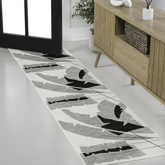 JONATHAN Y TUSCAN SUN 2 x 8 Runner Rug, Shelby Coastal Vintage Abstract Palm Leaf - Gray/Cream, TSN403C-28