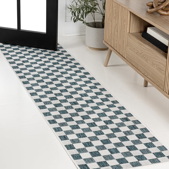 JONATHAN Y TUSCAN SUN 2 x 8 Runner Rug, Aimee Traditional Cottage Checkerboard - Turquoise/Cream, TSN204E-28