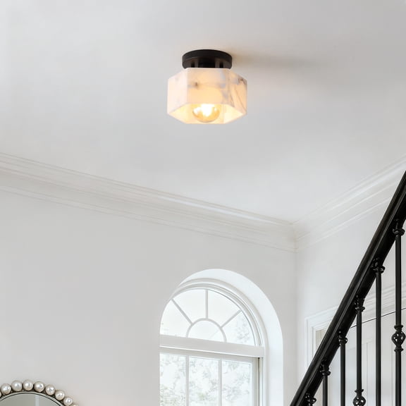JONATHAN Y Tessa 8" 1-Light Modern Contemporary Alabaster/Iron Hexagonal LED Semi Flush Mount, White Marbling/Black