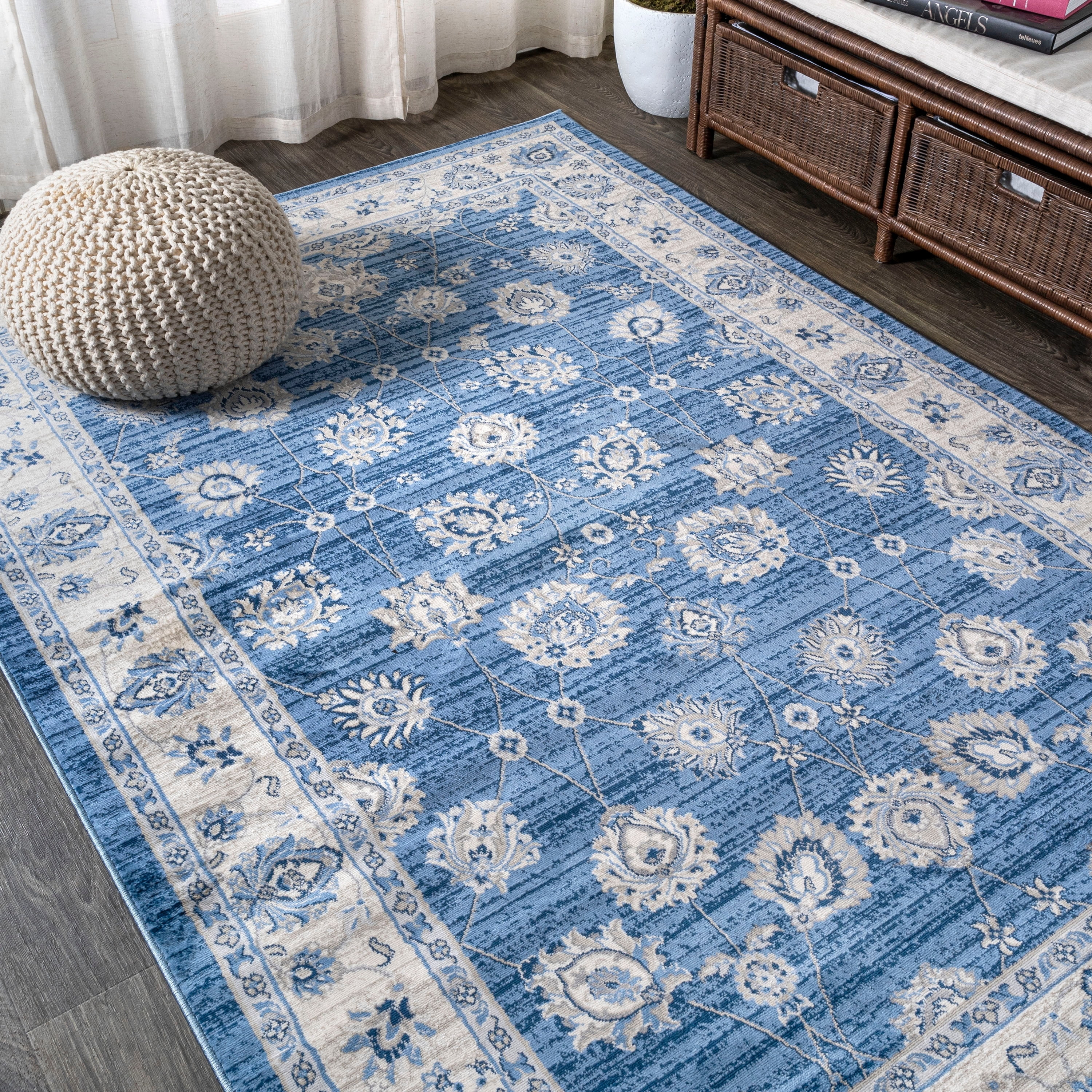 Blue and Cream Floral Rectangular Synthetic Area Rug