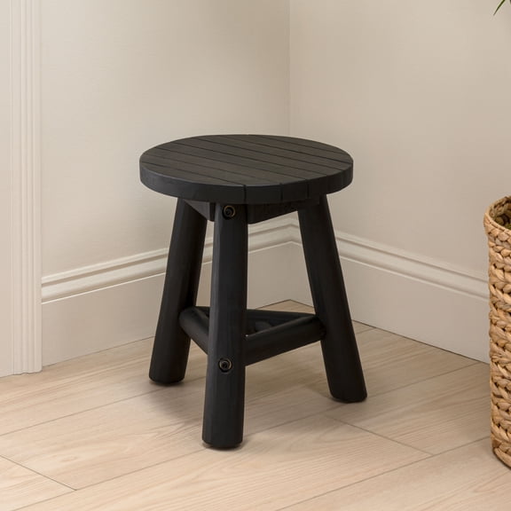 JONATHAN Y Triform 13.8" Modern Minimalist Handcrafted Solid Teak Wood Accent Stool with Tri-Leg Base, Black, STL3008B