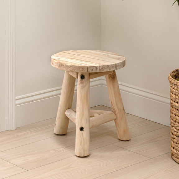 JONATHAN Y Triform 13.8" Modern Minimalist Handcrafted Solid Teak Wood Accent Stool with Tri-Leg Base, Natural Bleach Finish, STL3008A