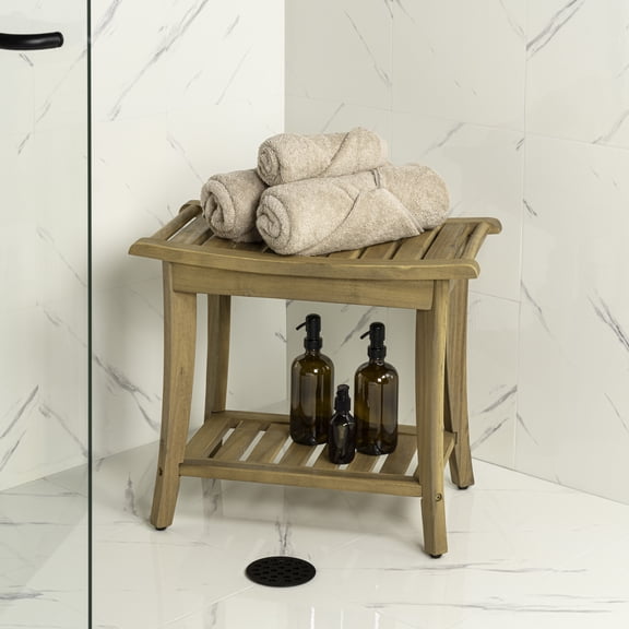 JONATHAN Y Tucker 22" Light Teak Acacia Wood Shower Bench with Storage Shelf, Water-Resistant 2-Tier Spa Stool for Inside Shower and Bathroom, 352 lbs Capacity Seat for Shaving Legs STL1001G