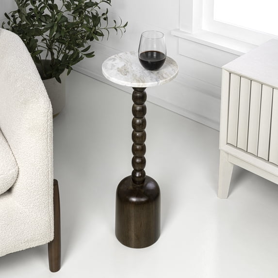 JONATHAN Y Turner 24.5" Designer Cottage Spindle Wood Column Drink Table and Decorative End Table with White/Beige Marble Round Top, Dark Brown, END3002C
