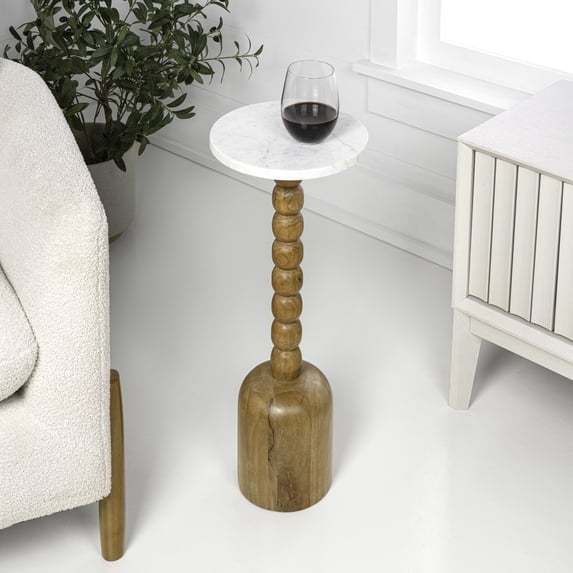 JONATHAN Y Turner 24.5" Designer Cottage Spindle Wood Column Drink Table and Decorative End Table with White Marble Round Top, Natural, END3002A