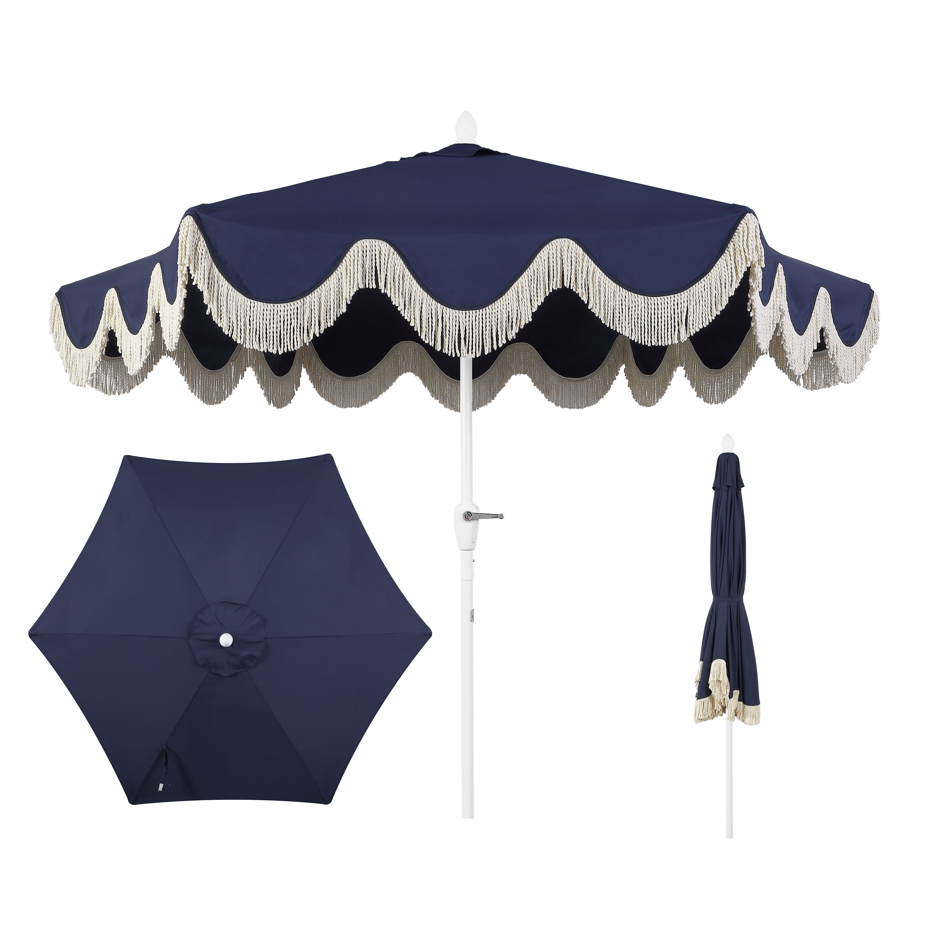 JONATHAN Y Collins 9 ft. Market Patio Umbrella, Classic Cottage Fringe Tassel, with Auto-Tilt Crank, Wind Vent and UV Protection, Navy/Cream, White Pole