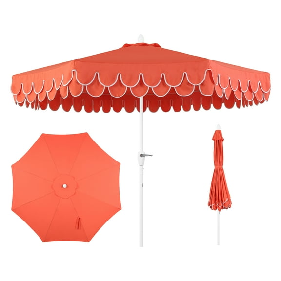 JONATHAN Y Tracy 9 ft. Market Patio Umbrella, Classic Mid-Century Scalloped Fringe, with Auto-Tilt Crank, Wind Vent and UV Protection, Coral Red/White, White Pole