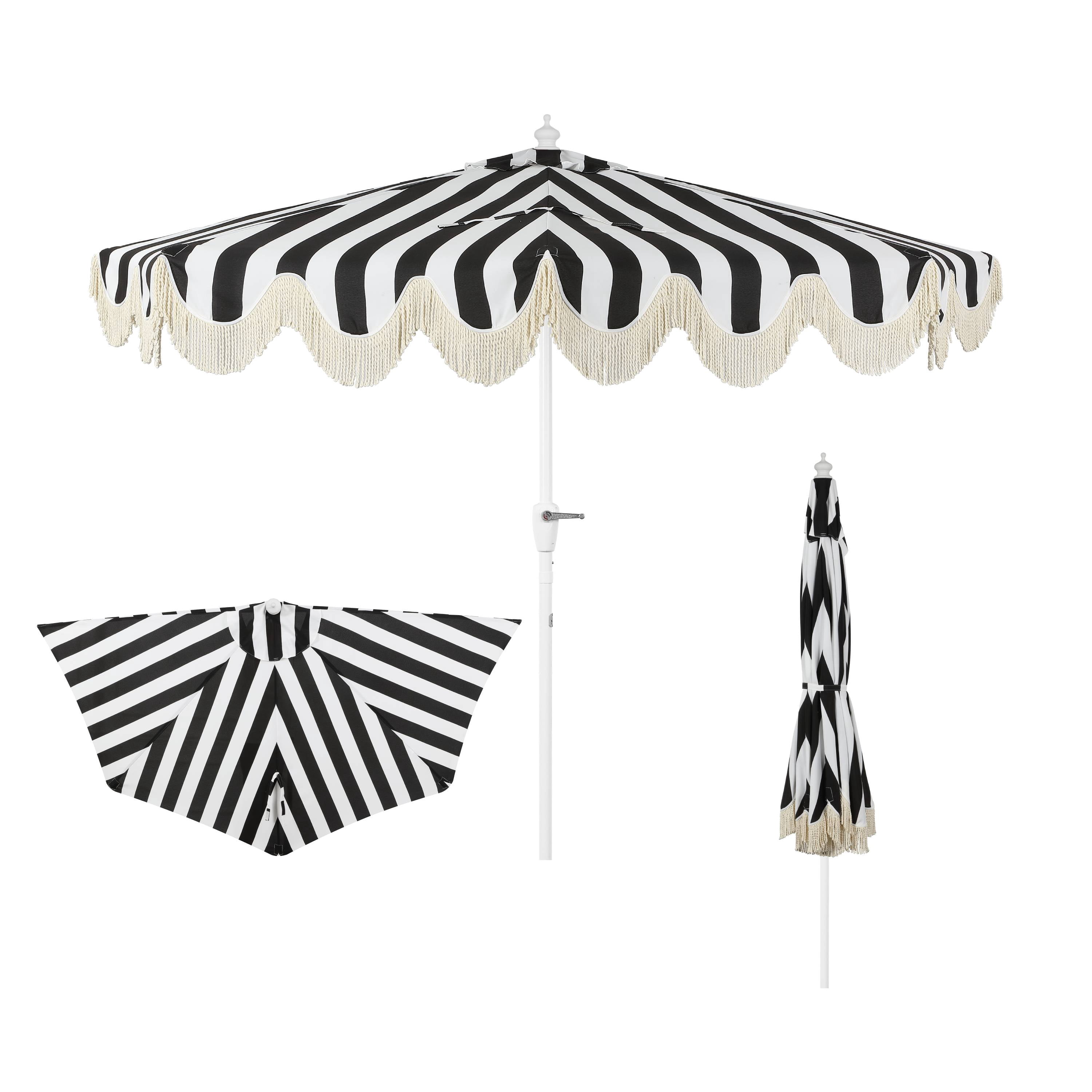JONATHAN Y Beverly 9 ft. Half Market Patio Umbrella, Designer Classic Scalloped Fringe with Crank, Tilt Button and UV Protection, Black/White, White Pole