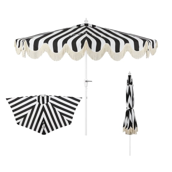 JONATHAN Y Beverly 9 ft. Half Market Patio Umbrella, Designer Classic Scalloped Fringe with Crank, Tilt Button and UV Protection, Black/White, White Pole