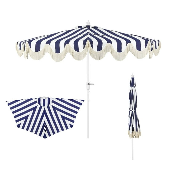 JONATHAN Y Beverly 9 ft. Half Market Patio Umbrella, Designer Classic Scalloped Fringe with Crank, Tilt Button and UV Protection, Navy/White, White Pole