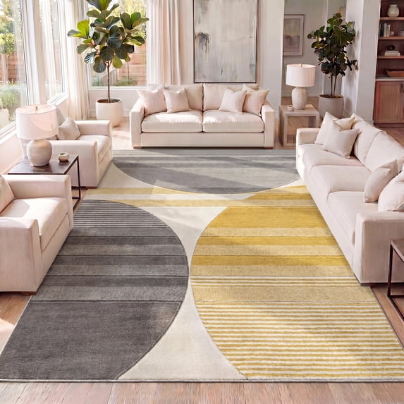 JONATHAN Y UNIQUE 5 x 8 Area Rug, Nicky Striped Circles - Gray/Yellow/Cream, UNQ100A-5