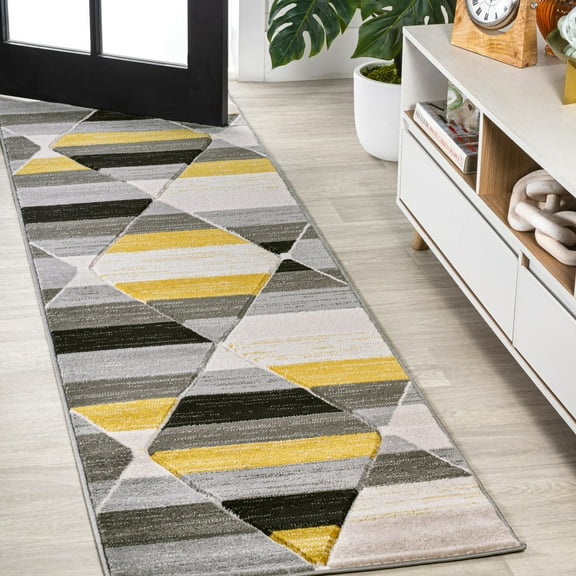 JONATHAN Y UNIQUE 2 x 8 Runner Rug, Kehoe Retro Diamonds Geometric - Yellow/Gray/Cream, UNQ101A-28