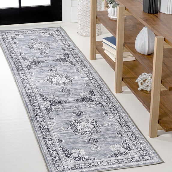 JONATHAN Y WASHABLE 2 x 8 Runner Rug, Bausch Bohemian Distressed Chenille - Gray/White, WSH201A-28