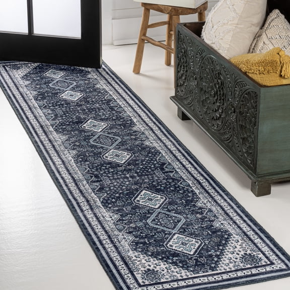JONATHAN Y WASHABLE 2 x 8 Runner Rug, Dalyan Geometric Medallions - Navy/Light Gray, WSH101D-28