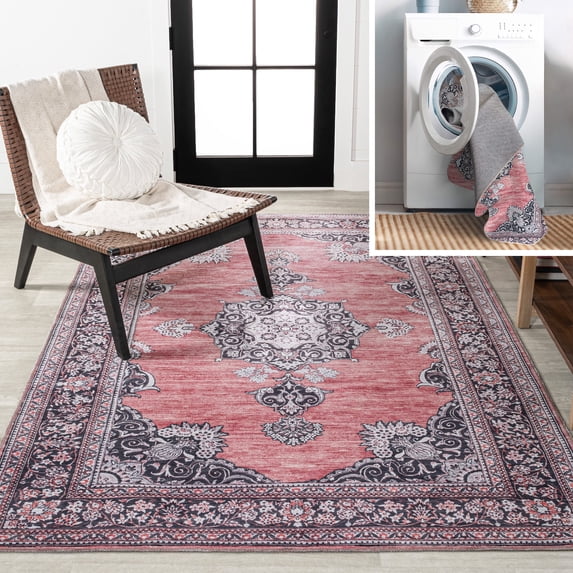 JONATHAN Y WASHABLE 3 x 5 Area Rug, Bausch Bohemian Distressed Chenille - Dark Pink/Black/White, WSH201B-3