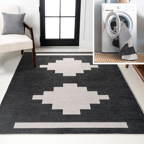 JONATHAN Y WASHABLE 8 x 10 Area Rug, Adriel Geometric Medallion - Black/Cream, WSH111A-8