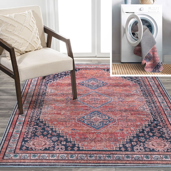 JONATHAN Y WASHABLE 8 x 10 Area Rug, Dalyan Geometric Medallions - Terracotta/Navy, WSH101A-8