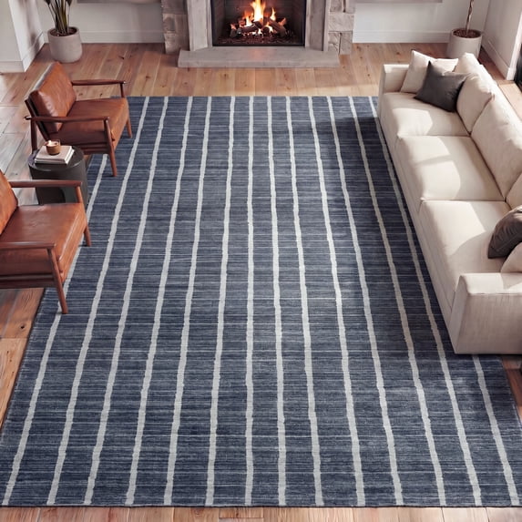 JONATHAN Y WASHABLE Orton Distressed Ticking Stripe 5' x 8' Machine-Washable Polyester Area Rug, Navy and Cream, Farmhouse Vintage Style with Low Pile for Living Room WSH519D-5