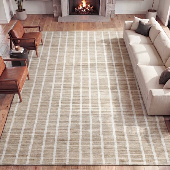 JONATHAN Y WASHABLE Orton Distressed Ticking Stripe 8' x 10' Machine-Washable Polyester Area Rug, Beige and Cream, Farmhouse Vintage Style with Low Pile for Living Room WSH519F-8