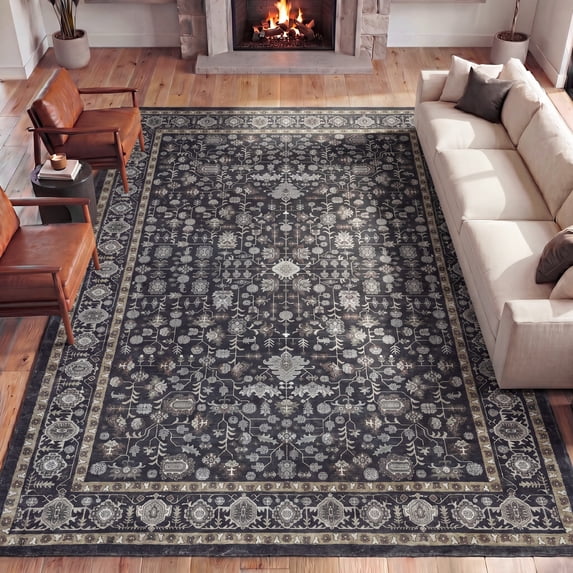 JONATHAN Y WASHABLE Polyester Machine-Washable Area Rug with Traditional Medallion Floral Border, Charcoal and Ivory, 3' x 5', Vintage Low Pile for Living Room WSH504F-3