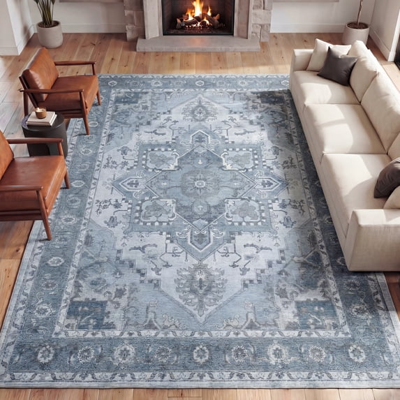 JONATHAN Y WASHABLE Sersi Ornate Large Medallion Border 8' x 10' Area Rug Blue Gray and Cream Vintage Bohemian Machine-Washable Low-Pile Polyester with Non-Slip Backing for Living Room WSH505F-8