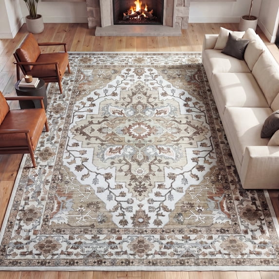 JONATHAN Y WASHABLE Superbia Boho Medallion Border Machine-Washable Polyester Area Rug, 3' x 5', Beige and Cream, Traditional Vintage Low-Pile Indoor Rug for Living Room WSH502G-3