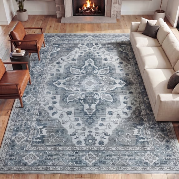 JONATHAN Y WASHABLE Superbia Boho Medallion Border Machine-Washable Polyester Area Rug, 3' x 5', Blue and Gray, Traditional Vintage Low-Pile Indoor Rug for Living Room WSH502E-3