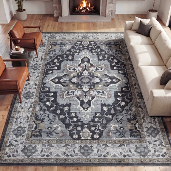 JONATHAN Y WASHABLE Superbia Boho Medallion Border Machine-Washable Polyester Area Rug, 4' x 6', Gray and Charcoal, Traditional Vintage Low-Pile Indoor Rug for Living Room WSH502D-4