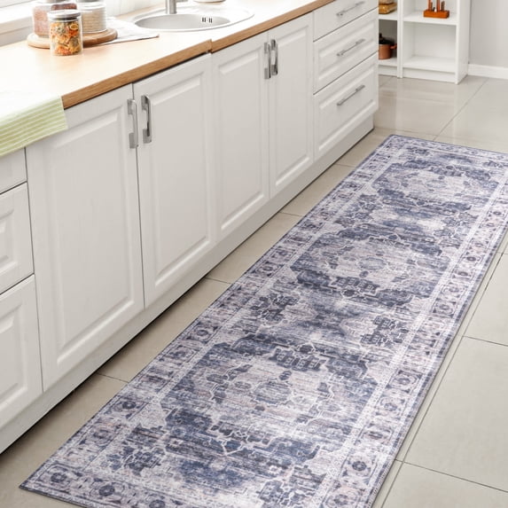 JONATHAN Y WASHABLE 2 x 8 Runner Rug, Alanya Ornate Medallion - Navy/Cream, WSH100A-28