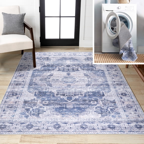 JONATHAN Y WASHABLE 3 x 5 Area Rug, Alanya Ornate Medallion - Navy/Cream, WSH100A-3