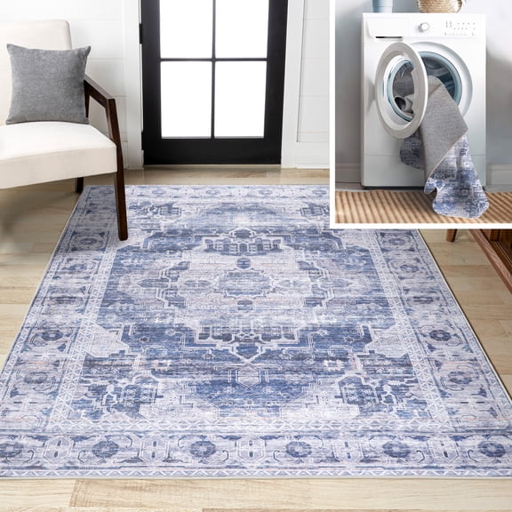 JONATHAN Y WASHABLE 5 x 8 Area Rug, Alanya Ornate Medallion - Navy/Cream, WSH100A-5