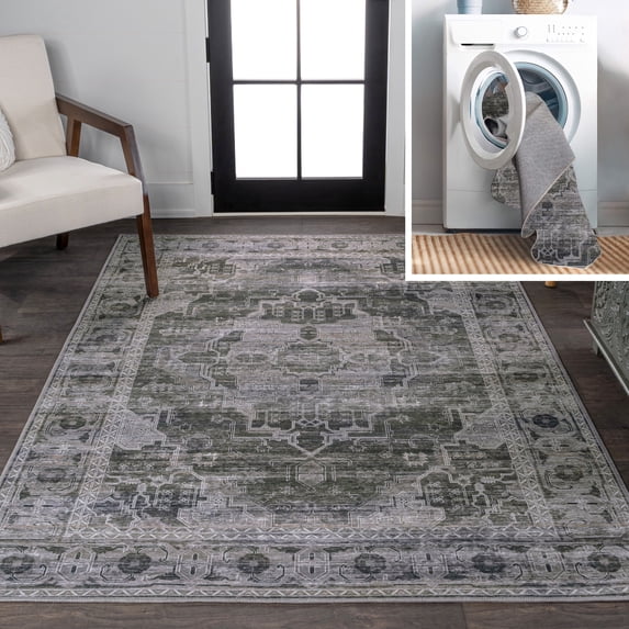 JONATHAN Y WASHABLE 3 x 5 Area Rug, Alanya Ornate Medallion - Dark Green/Gray, WSH100B-3