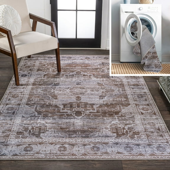 JONATHAN Y WASHABLE 3 x 5 Area Rug, Alanya Ornate Medallion - Brown/Light Gray, WSH100C-3